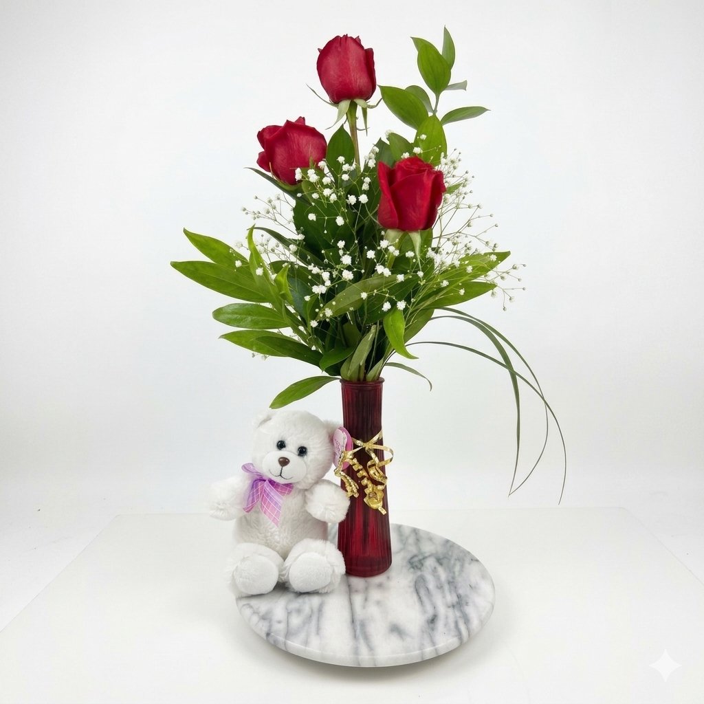 The Seminole Florist 3 Rose Bud Vase and Bear – Seminole Florist, Seminole FL