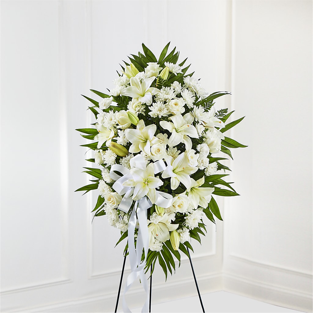 Exquisite Tribute Standing Spray-White Ribbon – Seminole Florist, Seminole FL
